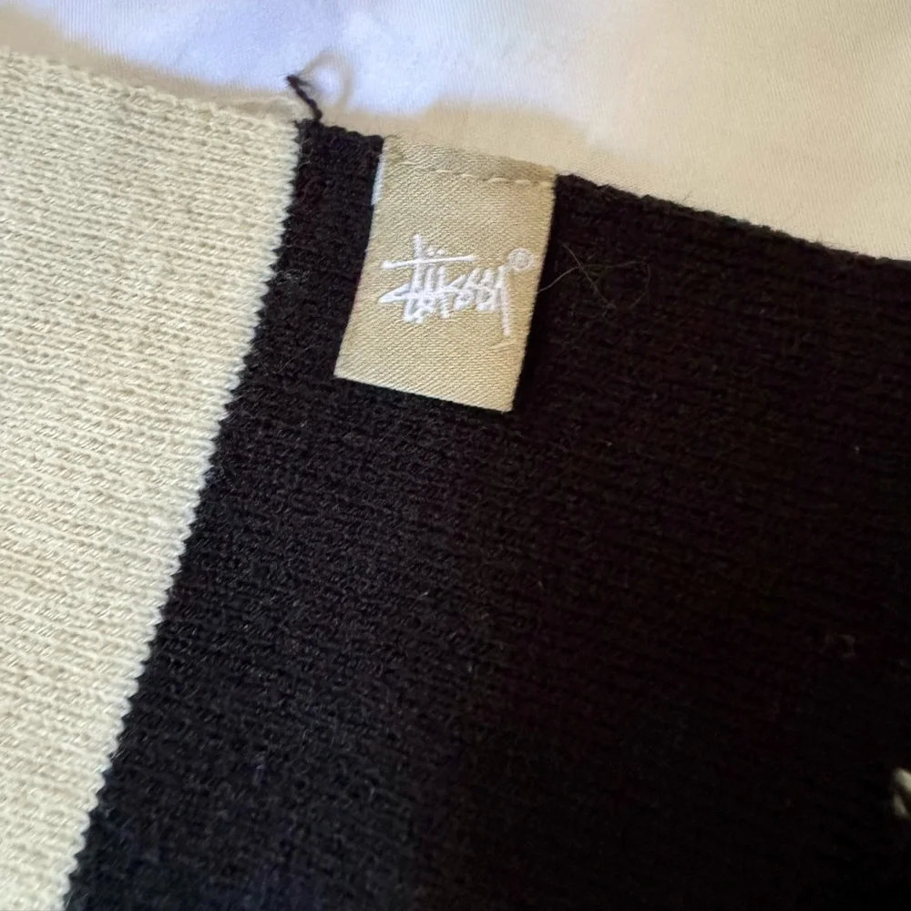 Stüssy Cream & Black Striped Knit Fringe Scarf